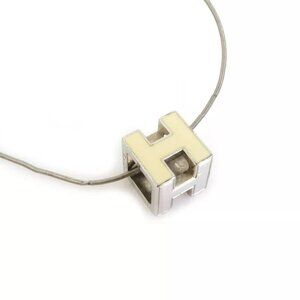 Auth HERMES H Cube Pendant Necklace Silver/Off White Metal/Enamel